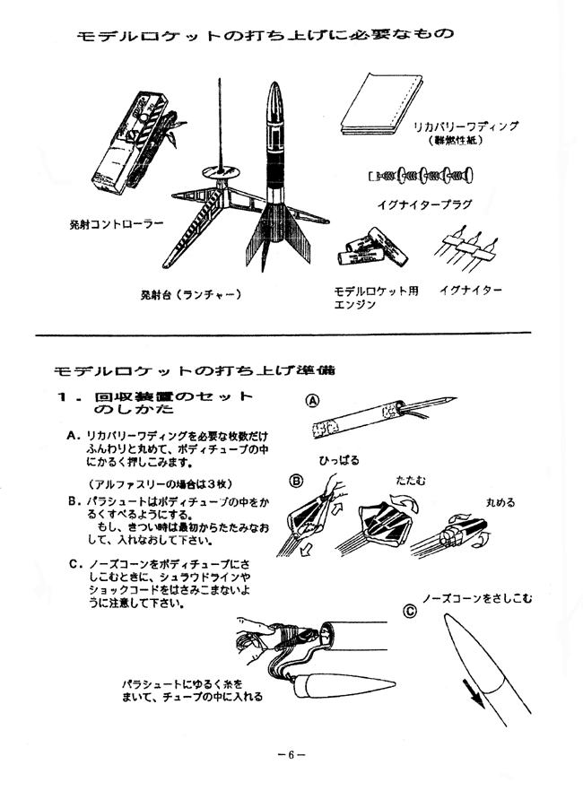 モデルロケットの打ち上げの必要なもの　　　　　　　　　　　　　モデルロケットの打上げ準備　　　　　　　　　　　　　　　　　　　☆回収装置のセットのしかた